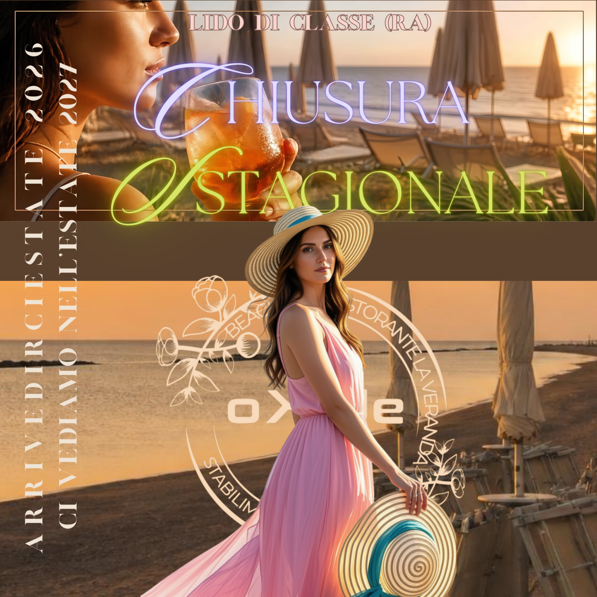 Woman in pink dress holding a drink on a beach resort Oxide (Italy), at sunset: